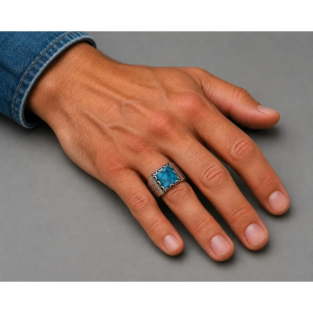 Men's Ring Sz 10.25 Silver Tone Faux Stone Southwest Style